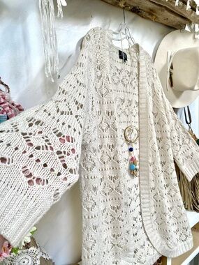 Crochet vibe Open front summer knit long cardigan w cottagecore farmhouse vibe